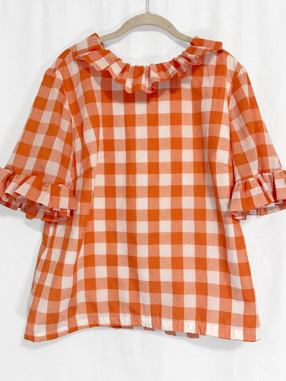 Elizabeth Wilson Preppy Orange and White Gingham Ruffled Blouse Size Extra Large